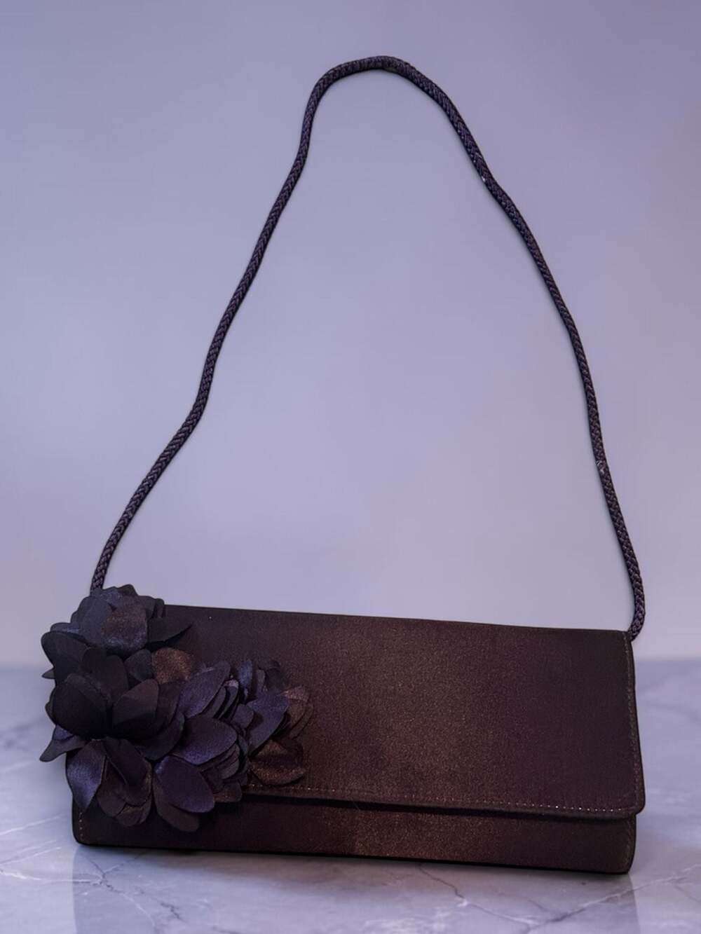 Jessica McClintock Dark Purple Satin Clutch with Floral Applique and Rope Strap